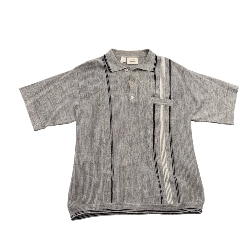 CKC Classics Mens XL Grey Knit Polo Shirt Short Sleeve Vertical Stripe Acrylic